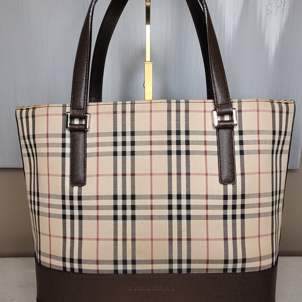 Burberry Beige Plaid Tote with Dark Brown Leather Handles
